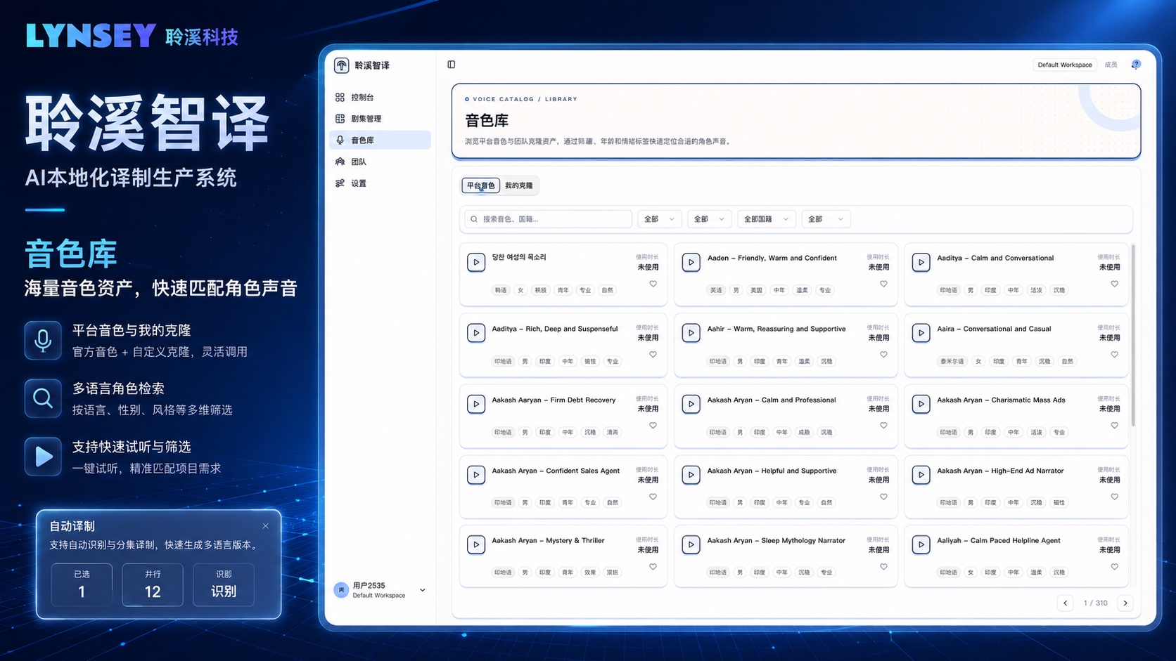 聆溪智译音色库概念海报，展示多语言音色检索、筛选与试听